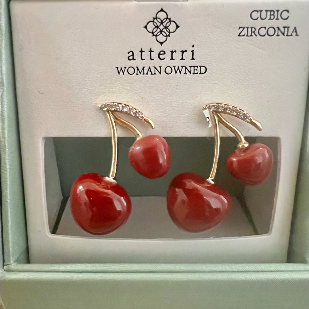 NIB Cherry Cubic Zirconia Earrings - Red and Gold